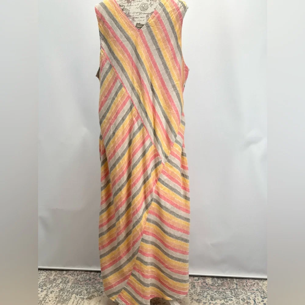 PURE JILL Pink, gray & yellow Linen sleeveless V neck maxi sundress size 3X - Picture 11 of 16